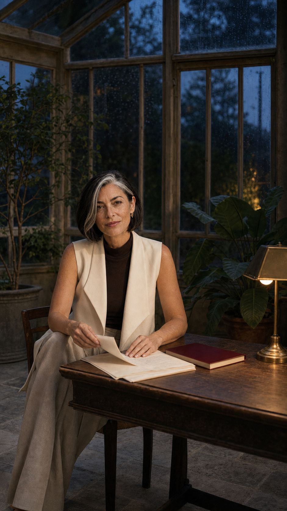 Vivian Vale in an understated conservatory setting with quiet wealth signals and natural light